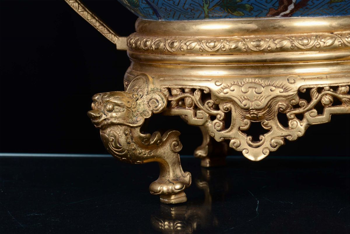 Cachepot Cloisonnè con Montatura in Bronzo Dorato, Cina, Dinastia Qing, XIX Secolo