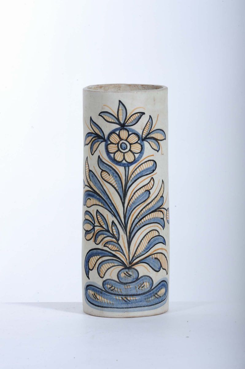 Albarello Cilindrico in Terracotta Maiolicata, Spagna la Mendra Tavalera