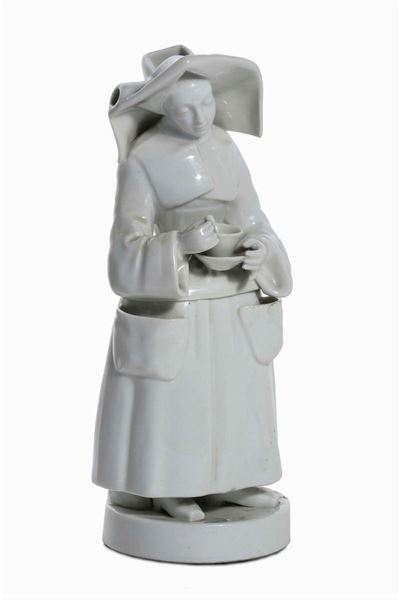 Tisaniera in Porcellana Bianca Raffigurante Monaca, Francia XVIII Secolo