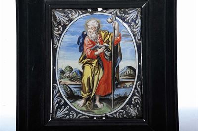 Quadretto in Metallo Smaltato Raffigurante Santo, XVII Secolo