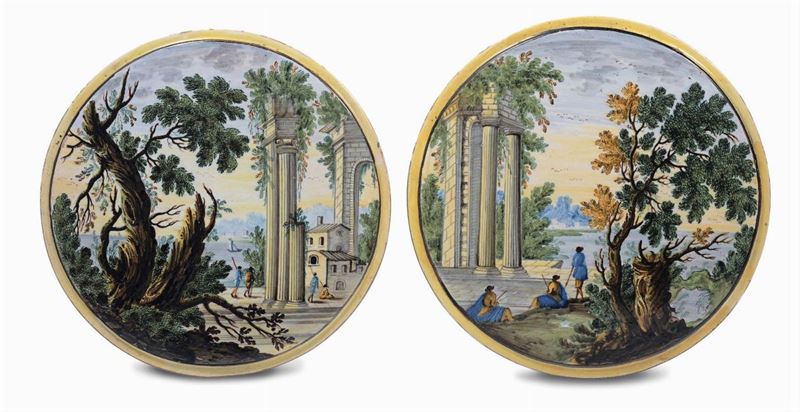 Due placche tonde in maiolica Cappelletti, Castelli XVIII secolo  - Asta Antiquariato e Dipinti Antichi - Cambi Casa d'Aste