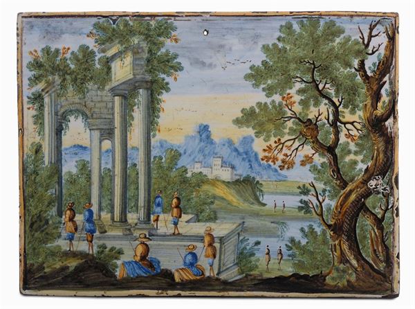 Placca rettangolare in maiolica policroma, Cappelletti Castelli XVIII secolo