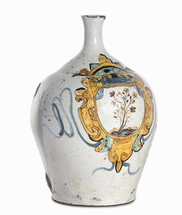 Bottiglia in maiolica policroma siglata D.V.C., Cerreto XVIII secolo