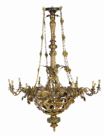 Grande Lampadario a Dodici Luci in Ottone con Finiture Verde Oro
