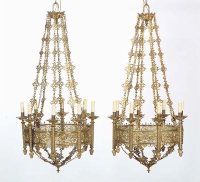 Coppia di Lampadari in Bronzo Dorato, Francia Inizi XIX Secolo