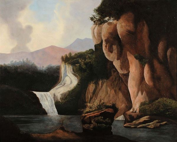 Anonimo del XIX secolo Paesaggio con rocce e cascata