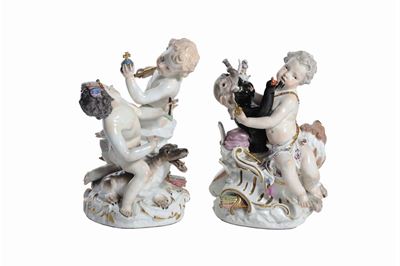 Due Gruppi in Porcellana Policroma Raffiguranti i Quattro Continenti, Meissen XVIII Secolo