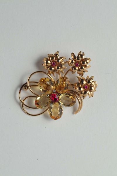 Spilla con Quarzi Citrini e Tormaline Rosse