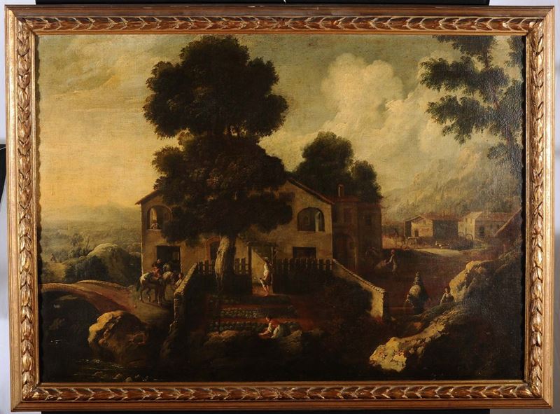 Scuola del XVIII secolo Veduta campestre con case  - Asta Antiquariato e Dipinti Antichi - Cambi Casa d'Aste