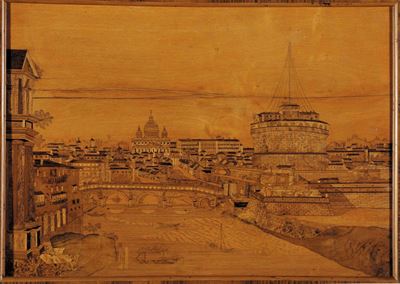Pannello Intarsiato con Veduta di Roma