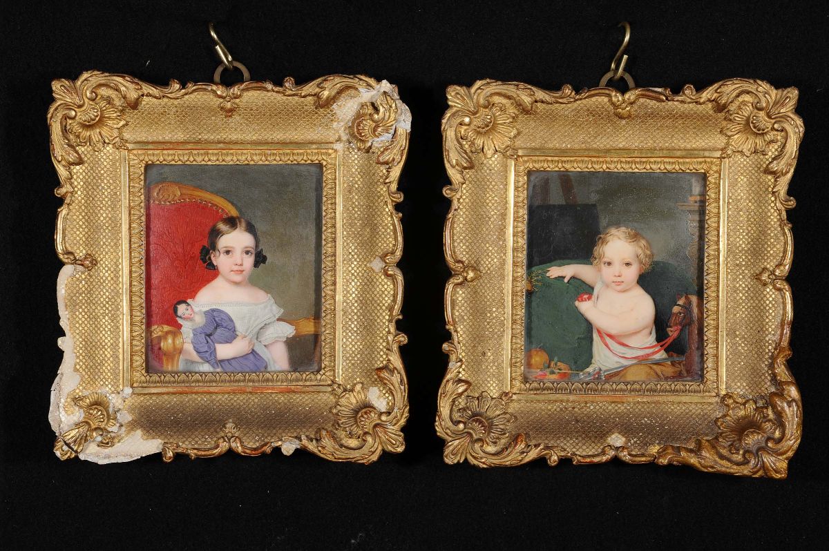 Coppia di Miniature con Bambini, XIX Secolo
