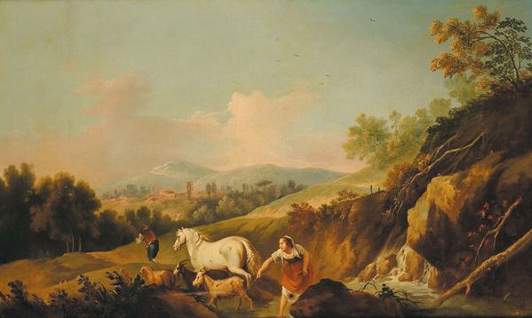Domenico Pecchio (Casaleone 1687 - Verona 1760) Paesaggio con contadini