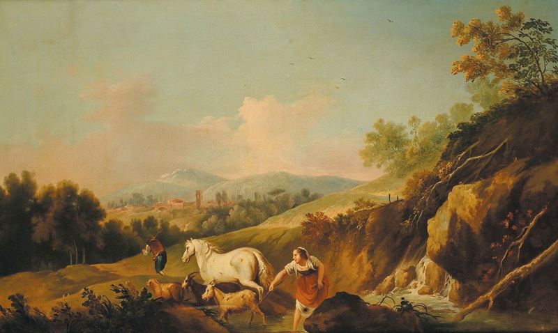 Domenico Pecchio (1712-1759) Paesaggio con contadini  - Asta Antiquariato e Dipinti Antichi - Cambi Casa d'Aste