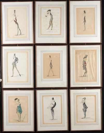 Nove Caricature Acquarellate in Cornice