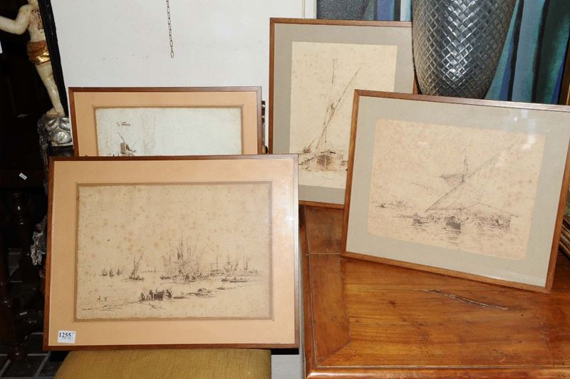 Quattro disegni a china raffiguranti pescherecci  - Asta Antiquariato e Dipinti Antichi - Cambi Casa d'Aste