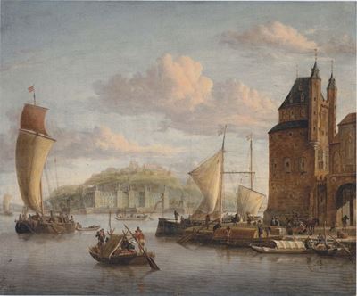 Abraham Storck (1644-1708)castello di Elsinore dal Porto con Figure