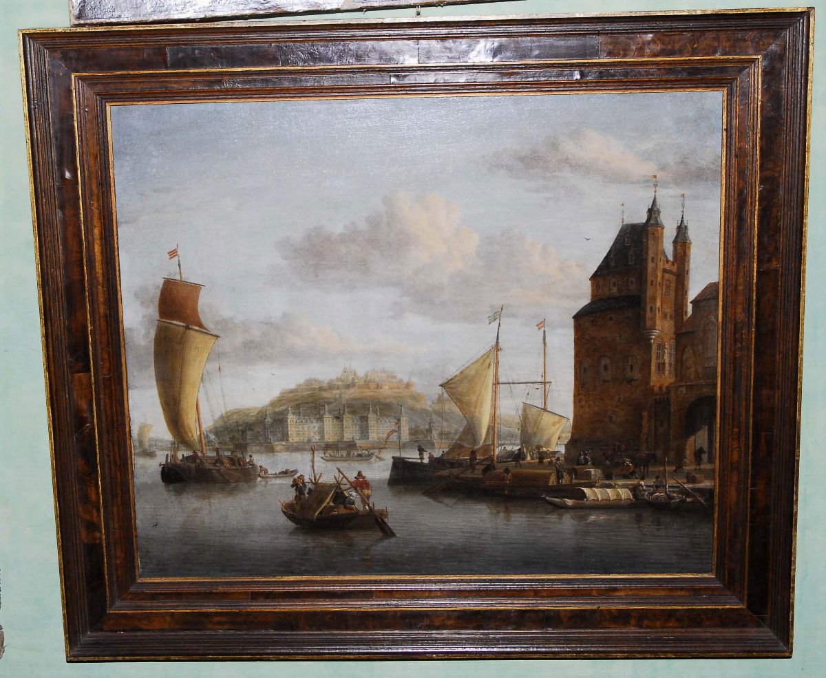 Abraham Storck (1644-1708)castello di Elsinore dal Porto con Figure