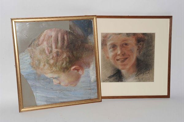 Due piccoli frammenti di dipinti ad olio e pastelli raffiguranti teste di fanciulli