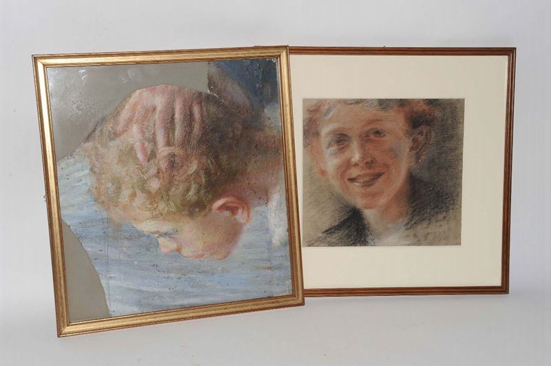 Due piccoli frammenti di dipinti ad olio e pastelli raffiguranti teste di fanciulli  - Auction OnLine Auction 03-2012 - Cambi Casa d'Aste