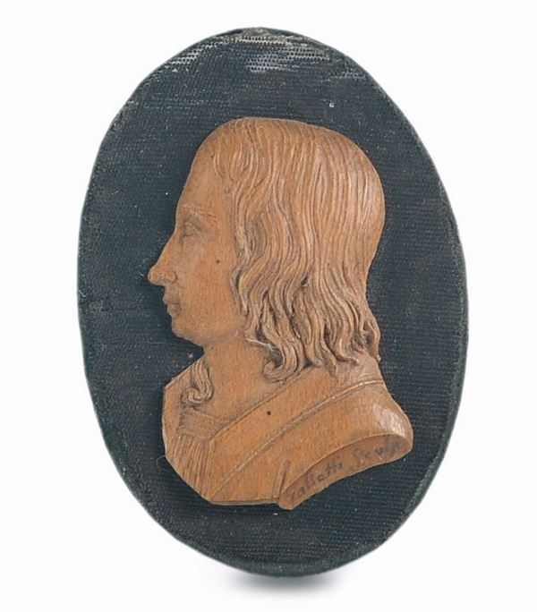 Profilo maschile in bosso intagliato entro cornice in bronzo dorato, Italia XVIII-XIX secolo