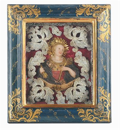 Composizione in Cera Policroma Raffigurante Sant’orsola Entro Cornice in Legno Laccato e Dorato, ...