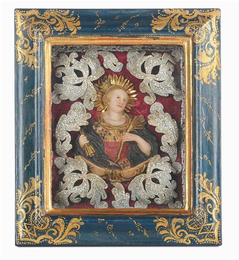 A polychrome wax composition representing Sant’Orsola within a lacquered and gilt wood frame, southern Germany 18th century  - Auction Fine Arts from refined private house - Cambi Casa d'Aste