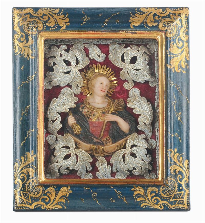 A polychrome wax composition representing Sant’Orsola within a lacquered and gilt wood frame, southern Germany 18th century  - Auction Antique and Old Masters - I - Cambi Casa d'Aste