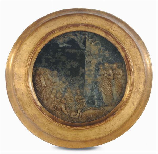 A wax round high relief representing Lazarus resurrection, signed by Gaston Bossi, Paris 17...