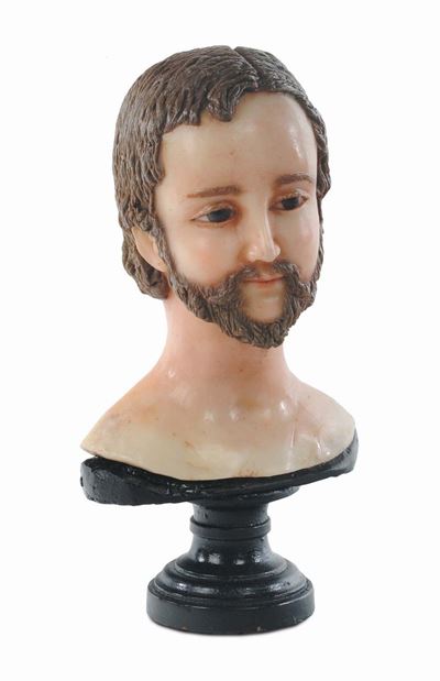 Busto in Cera Policroma Raffigurante Testa di Giovane (santo?), Italia Meridionale XIX Secolo