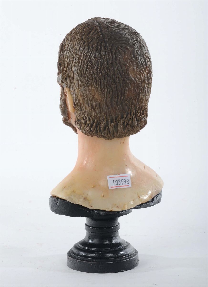 Busto in Cera Policroma Raffigurante Testa di Giovane (santo?), Italia Meridionale XIX Secolo