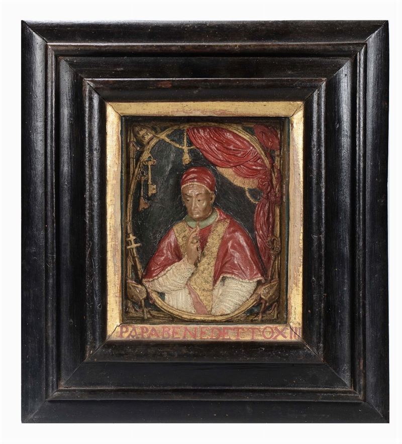 A polychrome wax high relief representing Pope Benedict 13th benedictory within frame, Sicilian wax modeller 18th century  - Auction Fine Arts from refined private house - Cambi Casa d'Aste