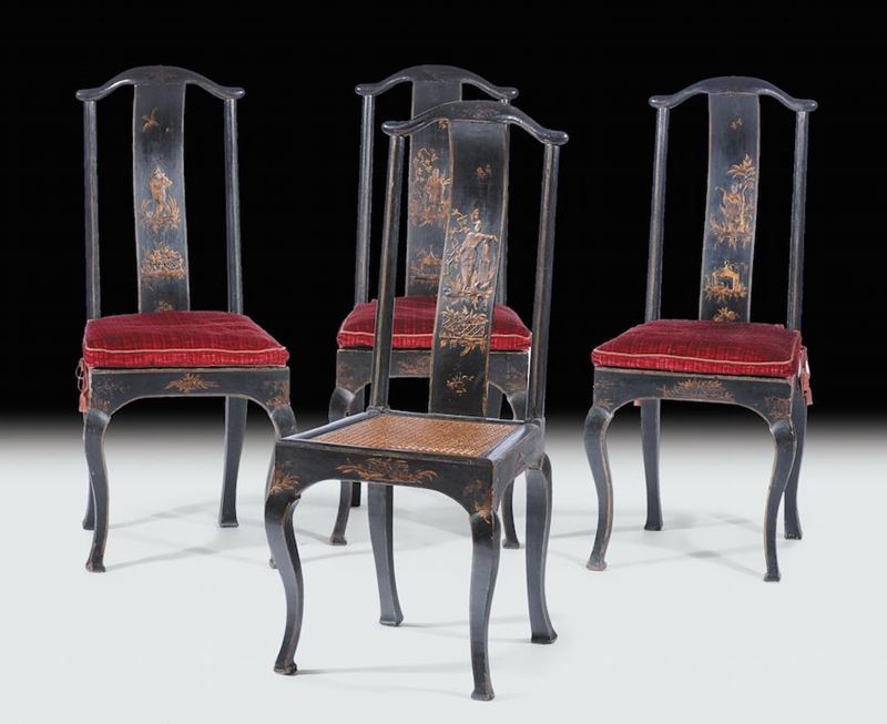 Quattro sedie laccate a cineserie, XIX secolo  - Asta Asta a Tempo 1-2015 - Cambi Casa d'Aste