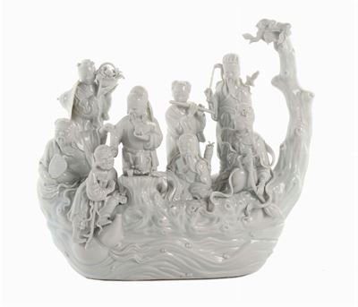 Gruppo in Porcellana Blanc De Chine Dehua con Figure su Imbarcazione, Cina, Dinastia Qing, Inizio...