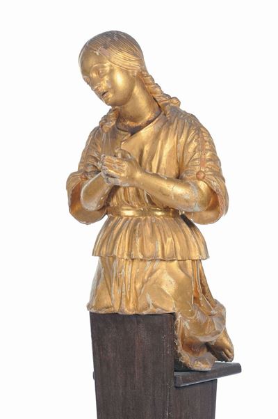 Angelo Genuflesso in Legno Intagliato e Dorato, Italia Centrale XVII-XVIII Secolo