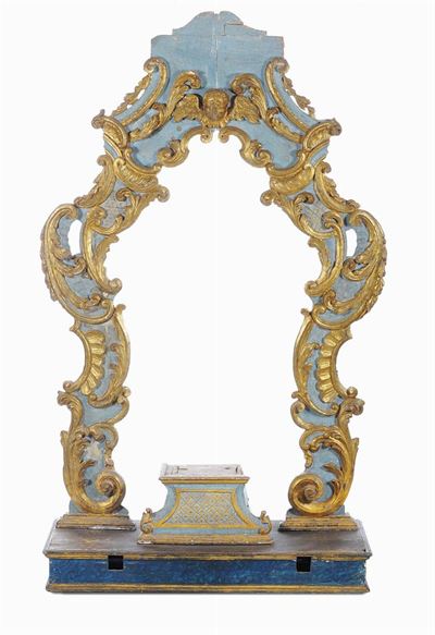 Grande Cornice in Legno Intagliato, Laccato e Dorato, XVII Secolo