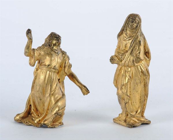 Due sculture raffiguranti Santi in bronzo dorato, XVIII secolo