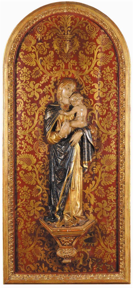 Bassorilievo in legno intagliato raffigurante Madonna con Bambino, Spagna fine XIX secolo
