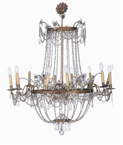 Lampadario in Bronzo e Cristalli a Dodici Luci