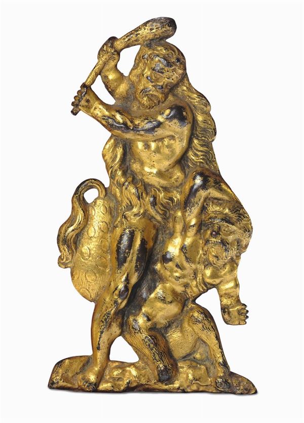 Altorilievo in bronzo dorato rappresentante Ercole e il leone Nemeo, Germania XVI secolo