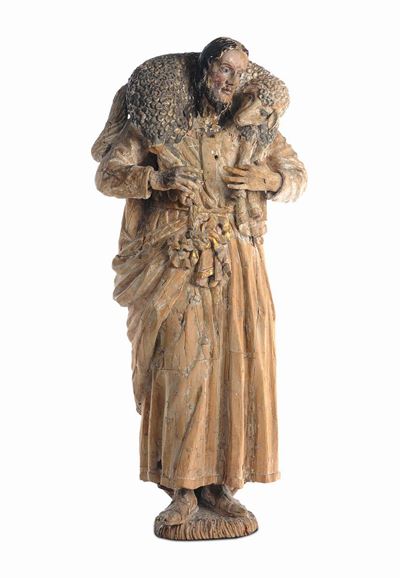 Scultura in Legno Scolpito Raffigurante il Buon Pastore, Italia Meridionale XVII Secolo (napoli?)