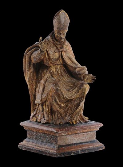 Scultura in Legno Dorato Raffigurante Papa Benedicente, Italia Centrale Ultimo Quarto del XVI-XVI...