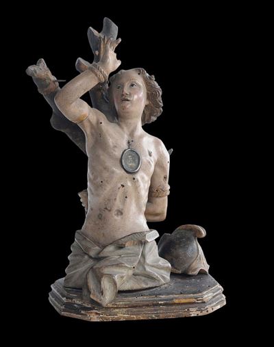 Scultura Reliquiario Raffigurante San Sebastiano in Legno Policromo, Spagna XVII Secolo