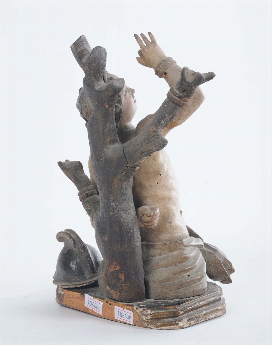 Scultura Reliquiario Raffigurante San Sebastiano in Legno Policromo, Spagna XVII Secolo