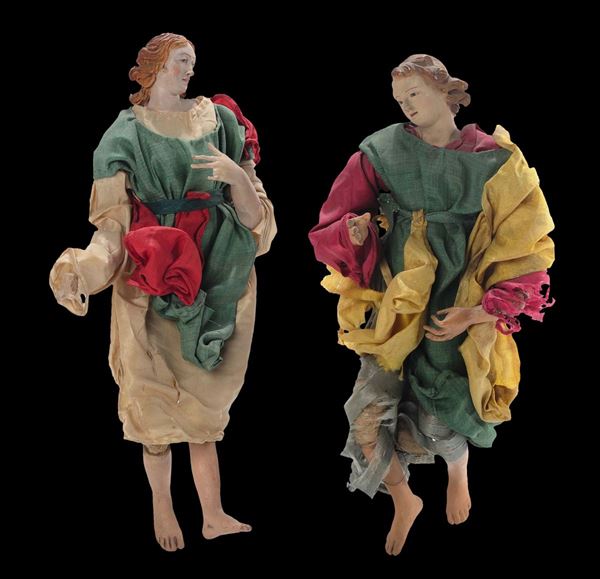 Due figure presepiali di angeli con vesti in seta colorata, Napoli XVIII-XIX secolo