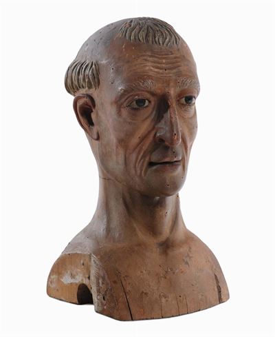 Scultura Raffigurante Testa di Vecchio in Legno Policromo, Italia Centro-meridionale Fine XVIII S...
