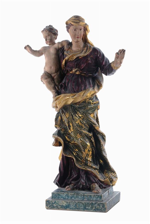 Madonna con Bambino in legno scolpito, policromo e dorato, Genova XVII secolo