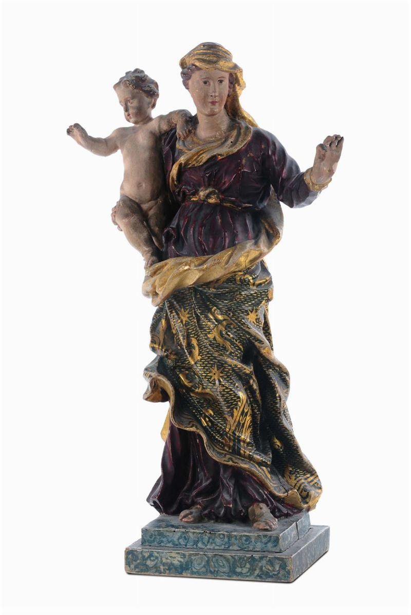 Madonna con Bambino in legno scolpito, policromo e dorato, Genova XVII secolo  - Asta Scultura e Oggetti d'Arte - Cambi Casa d'Aste