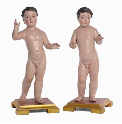 Rara Coppia di Sculture in Legno Policromo Raffiguranti Gesù Bambino Benedicente e San Giovannino...