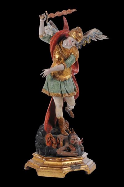 Scultura in Legno Policromo e Dorato Raffigurante San Michele Arcangelo, Napoli XVIII Secolo
