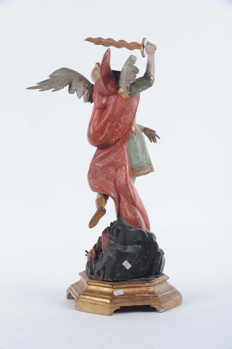 Scultura in Legno Policromo e Dorato Raffigurante San Michele Arcangelo, Napoli XVIII Secolo